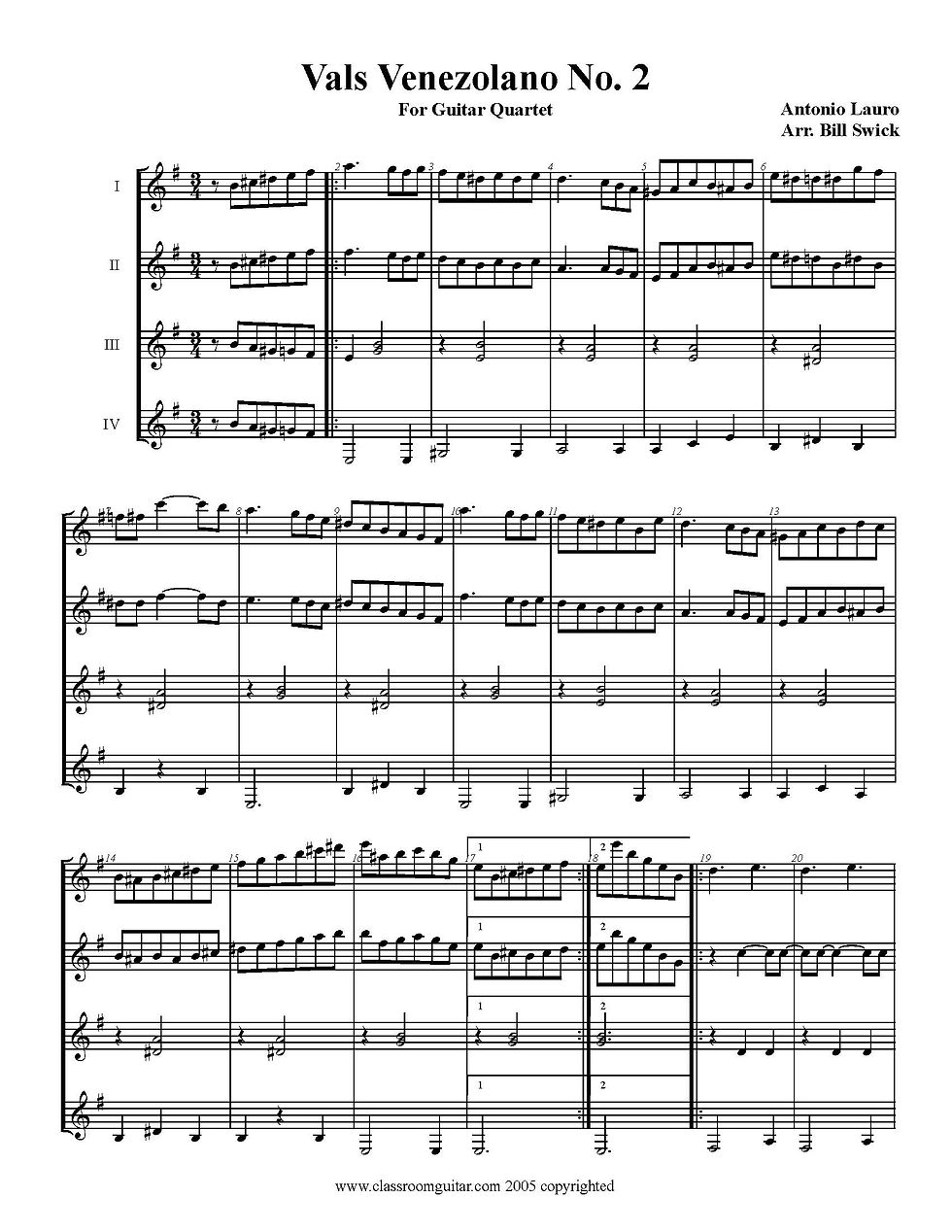 Thumbnail: Sample Page for Vals Venezolano No. 2 by Antonio Lauro arranged for four guitars by Bill Swick