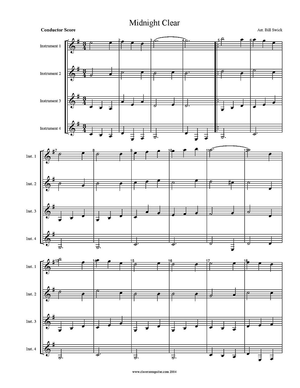 Thumbnail: Sample Page for Midnight Clear arranged for four guitars by Bill Swick