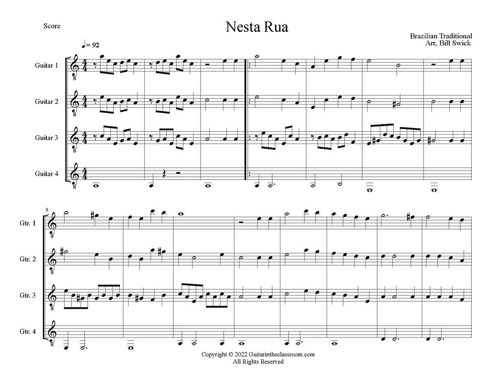 Thumbnail: Sample Page for Nesta Rua, a Brazilian traditional, arranged for four guitars by Bill Swick