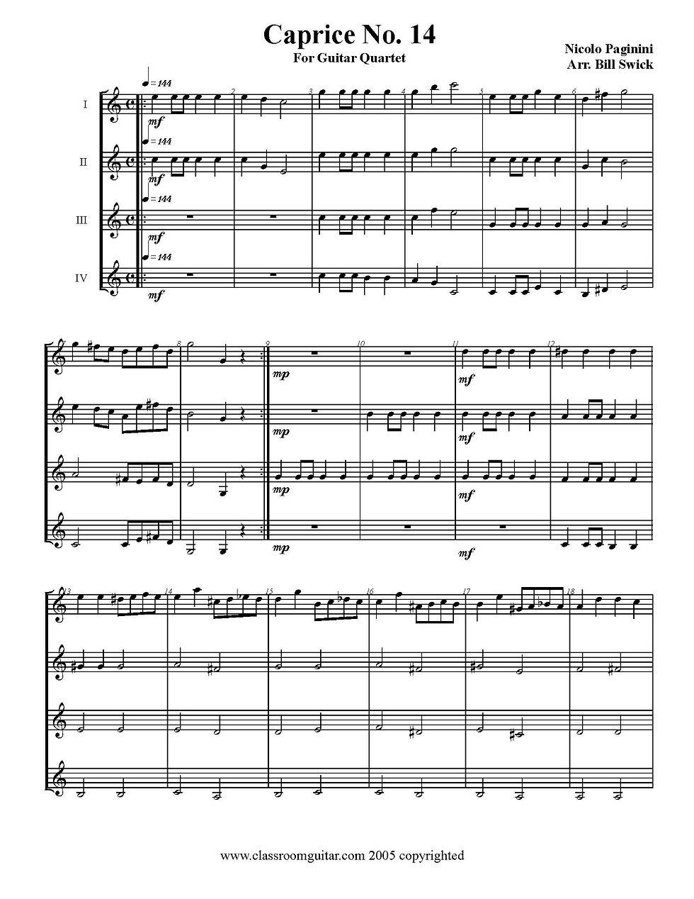 Thumbnail: Sample Page for  Caprice No. 14 by Nicolo Paginini arranged for four guitars by Bill Swick