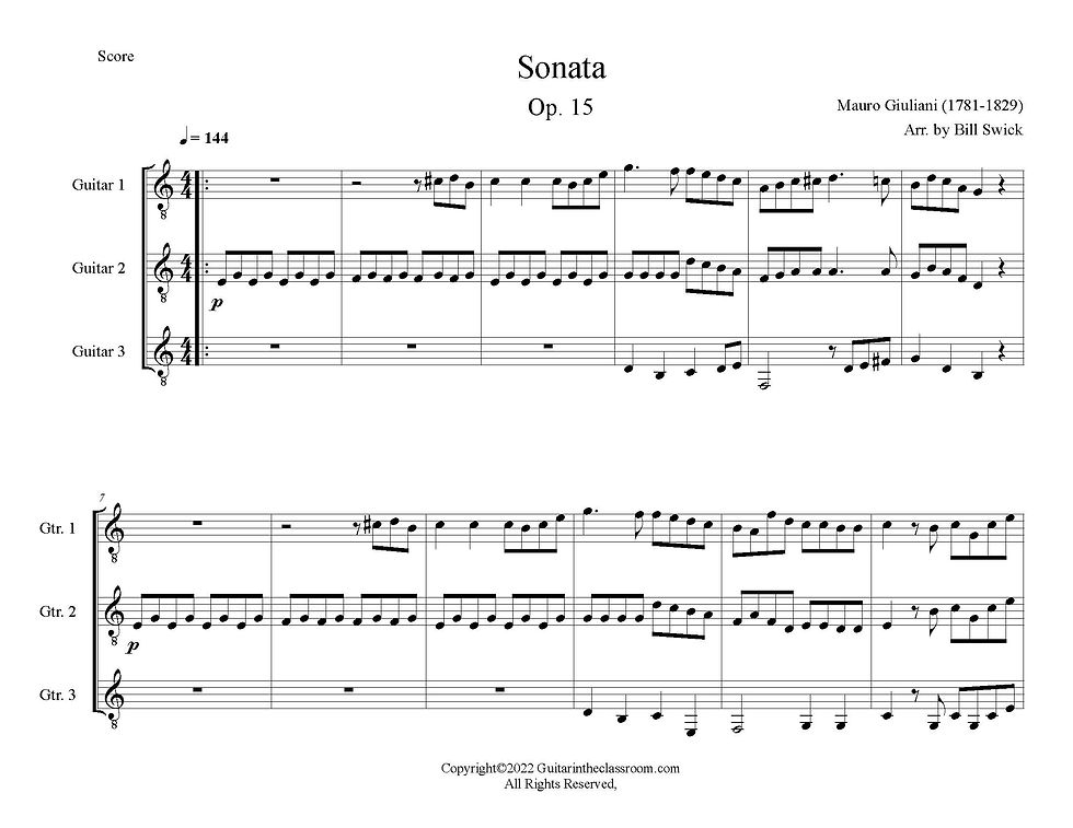 Thumbnail: Sample Page for Sonata Op. 15 by Mauro Guiliani arranged for three guitars by Bill Swick