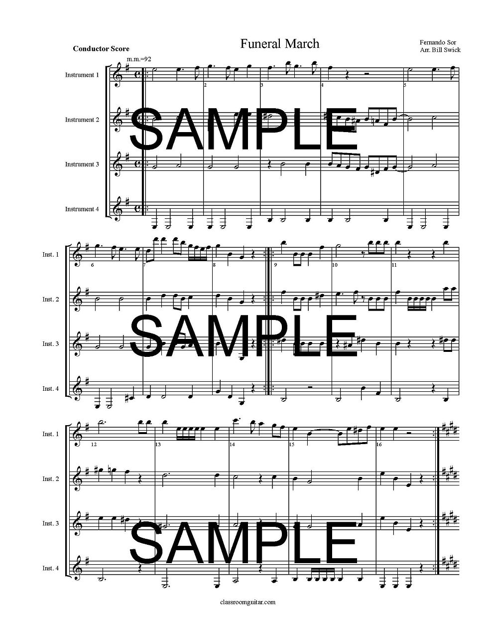 Thumbnail: Sample Page for Funeral March by Fernando Sor arranged for four guitars by Bill Swick