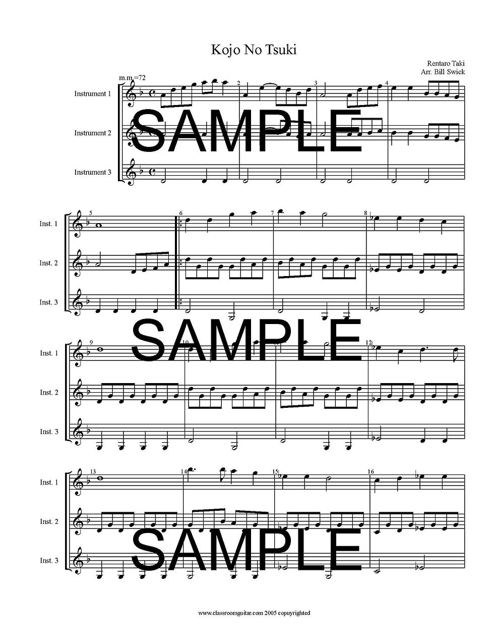 Thumbnail: Sample Page for Kojo No Tsuki by Rentaro Taki arranged for three guitars by Bill Swick