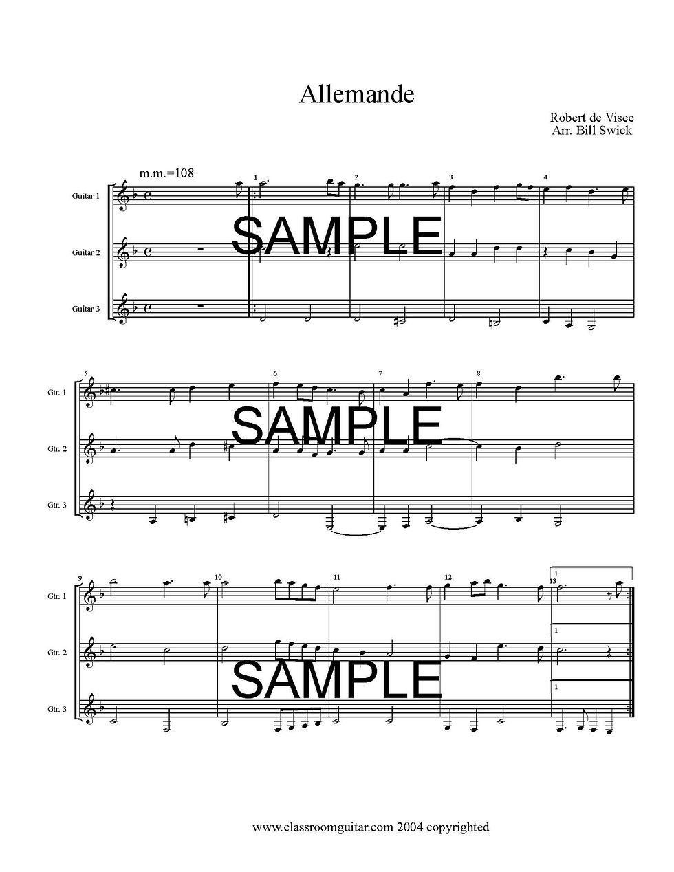 Thumbnail: Sample Page for Allemande by Robert de Visee arranged for three guitars by Bill Swick