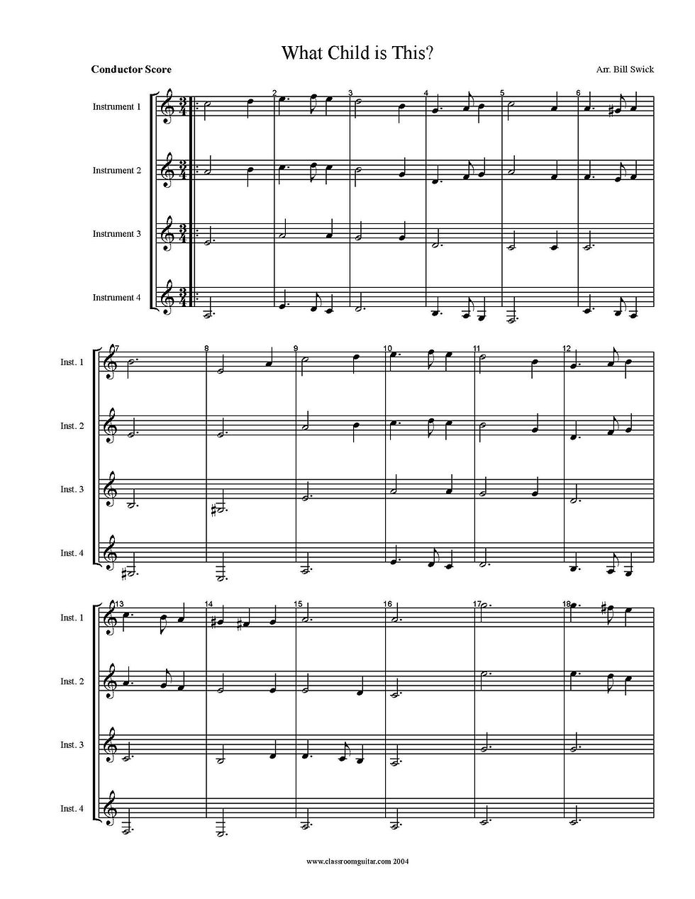 Thumbnail: Sample Page for What Child is This? arranged for four guitars by Bill Swick