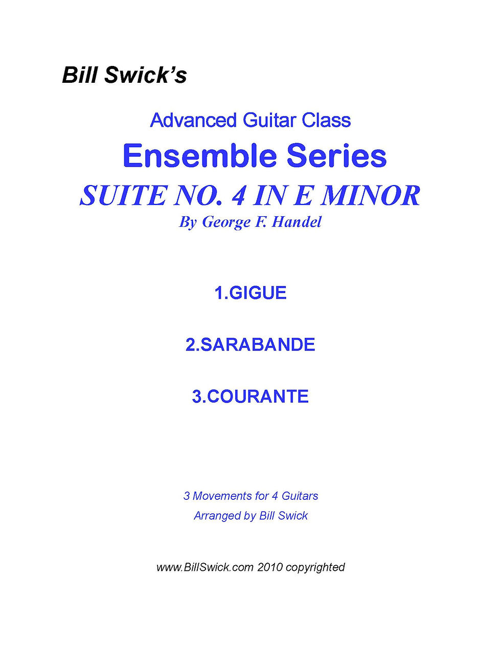 Thumbnail: Sample Page for Suite No. 4 in E minor by George Friderick Handel arranged for four guitars by Bill Swick