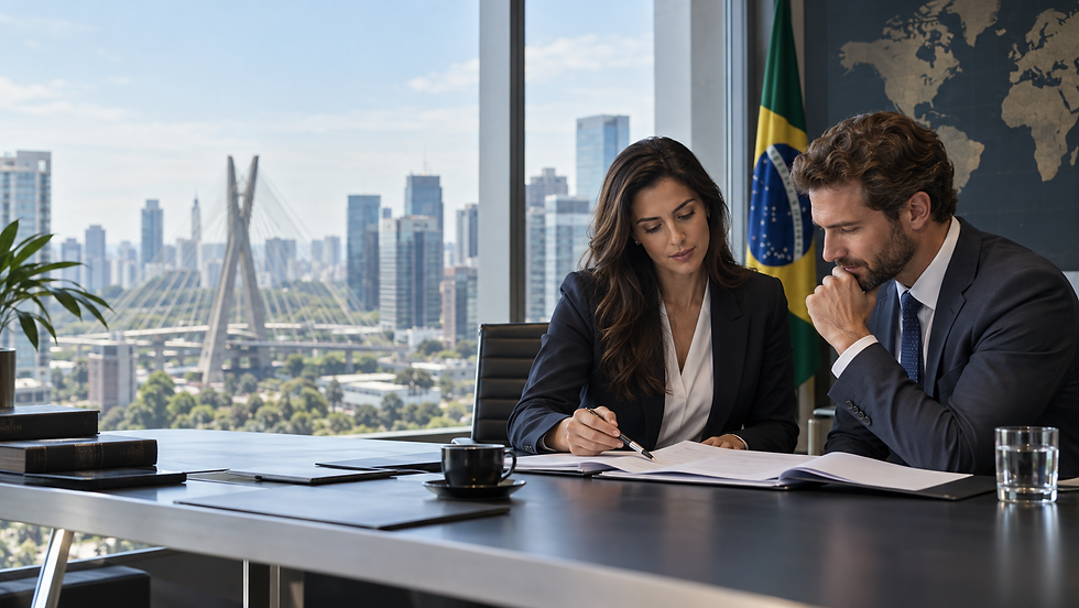 Advogada brasileira e empresário estrangeiro analisam documentos para abertura de empresa no Brasil