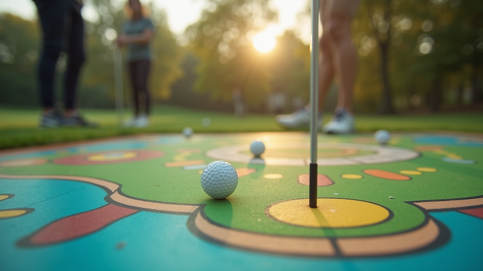 Eye-level view of a colorful board game artwork featuring golf elements