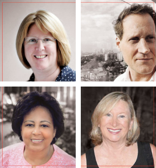 Four close-up photos of consultants that work with Yarbrough Group. Top right is a woman with shoulder-length blonde hair and glasses. Top right is a white man in a white button up with short brown hair. On the bottom left is a Latinx woman with shoulder-length black hair in a pink shirt. On the bottom right is a white woman with shoulder-length blonde hair in a black shirt. All are smiling at the camera.
