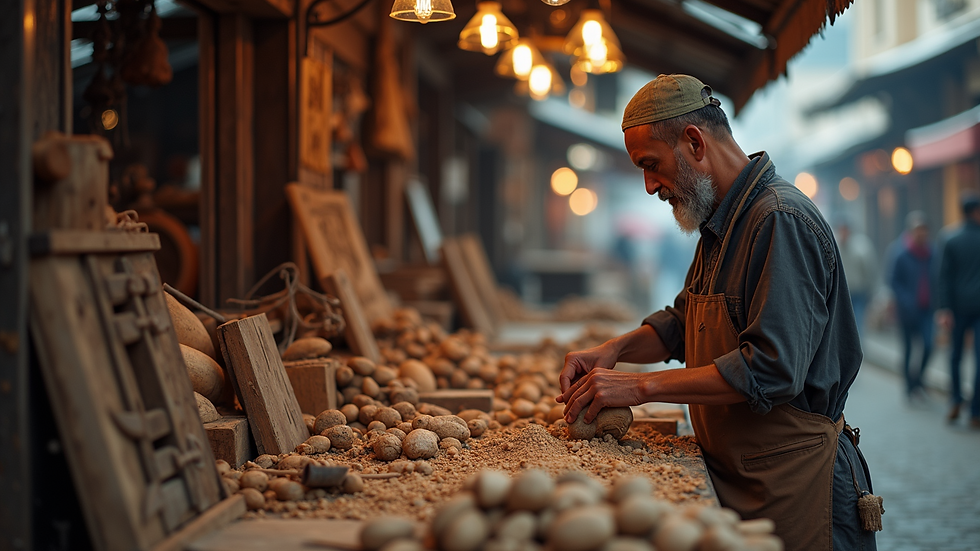 High angle view of a craftsman carving wood at a market stall