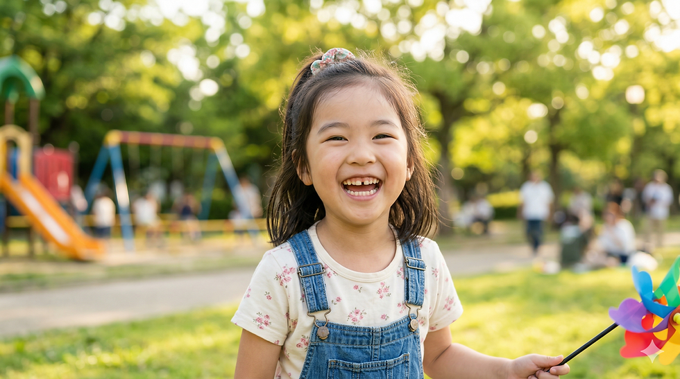 公園で遊んでいる少女が笑顔でカラフルな風車を持つ。背景に遊具と緑の木々が広がり、明るい雰囲気。