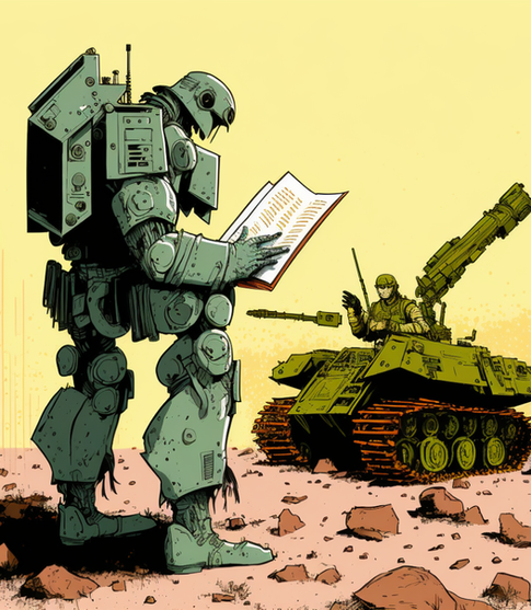 AI-generated image of robot cyborg on battlefield.