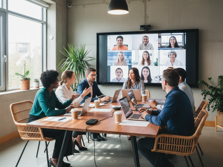 Hybrid team meeting in a modern office: a group of professionals sitting around a conference table with laptops, while colleagues join remotely on a large video screen