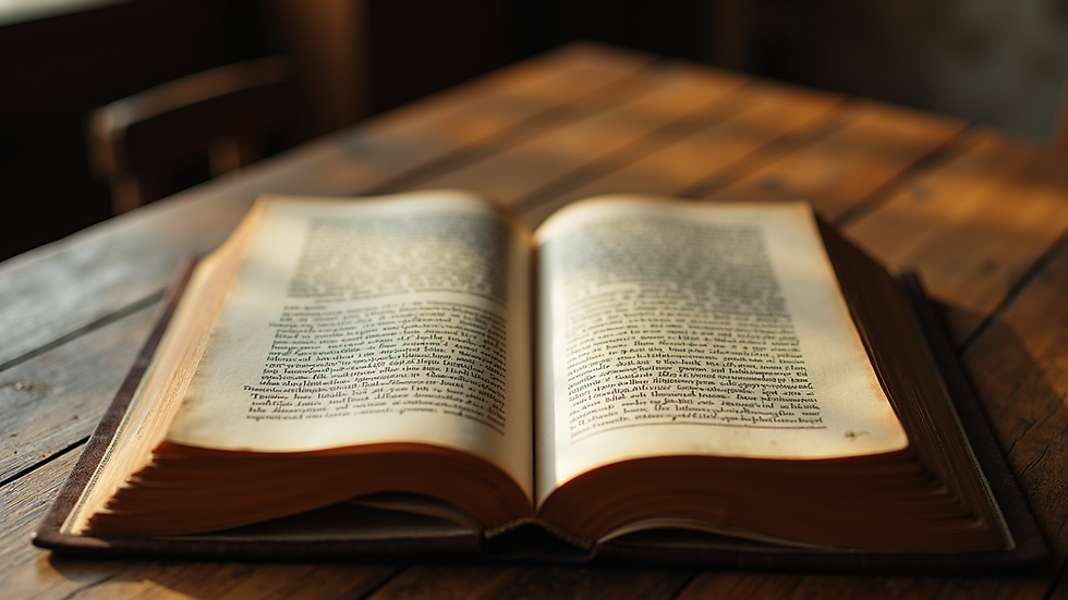 Eye-level view of an ancient philosophical manuscript on a wooden table