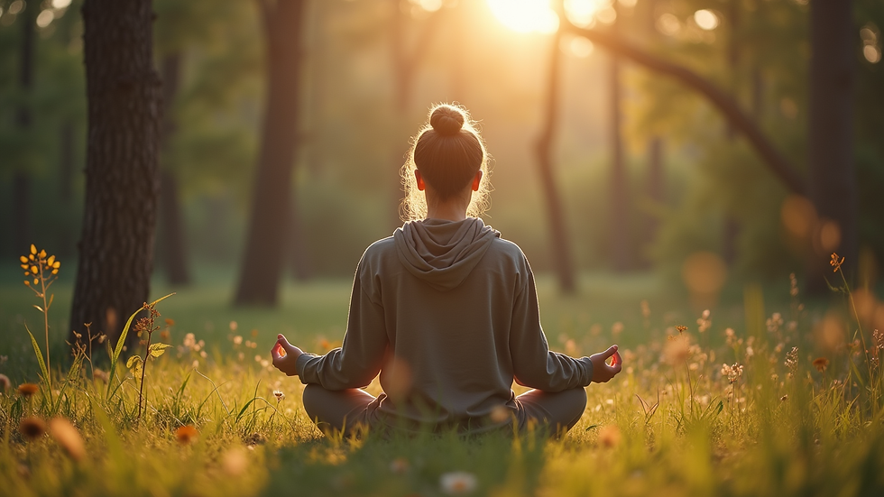 Close-up view of a person meditating in a serene natural environment