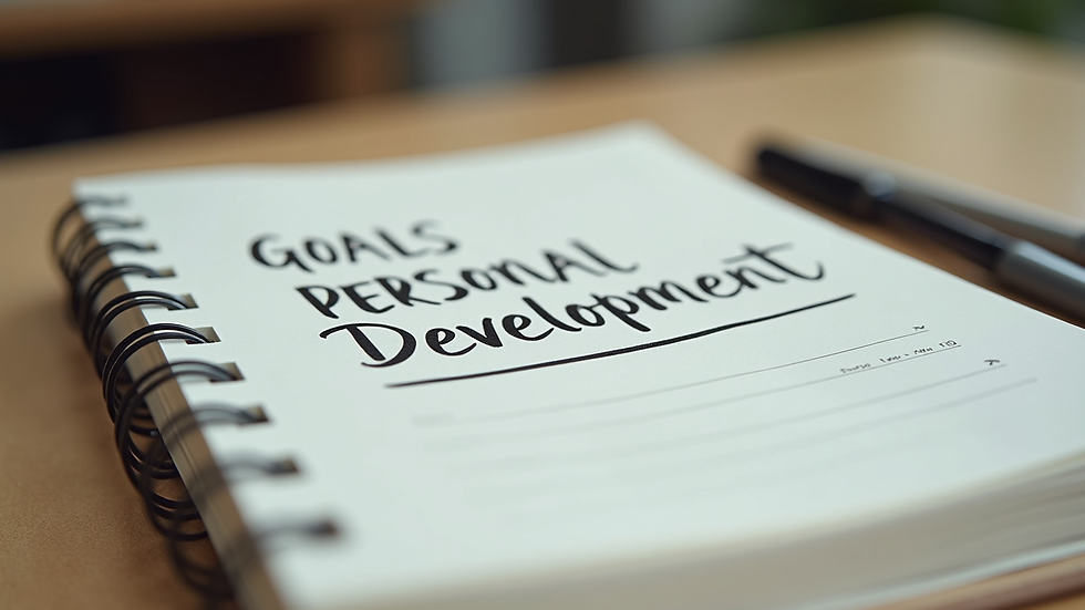 Close-up view of a notebook with personal development goals written on it