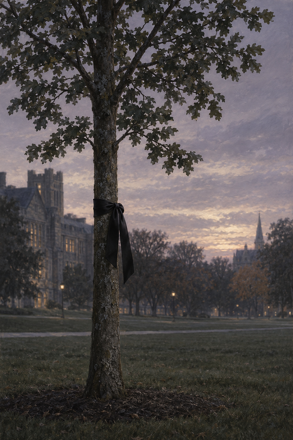 Fraternities and sororities hung black ribbons outside their chapter houses as the campus mourned (CNN). Editorial illustration.