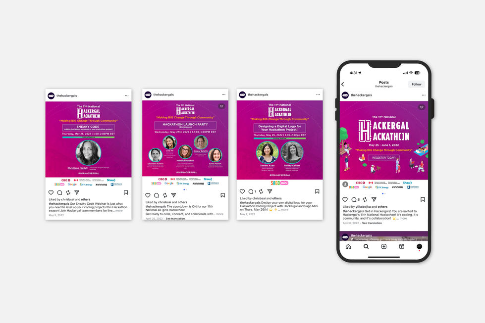 Publications Instagram et vue mobile présentant la promotion du Hackathon Hackergal