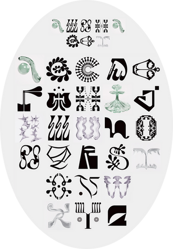 An oval frame filled with experimental black letterforms inspired by nature, blending typography with 3D glass-like textures to embody sunlight though leaves.