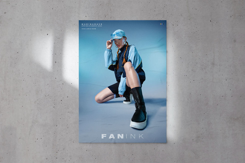 Poster design with model wearing light blue cap, sports-inspired styling