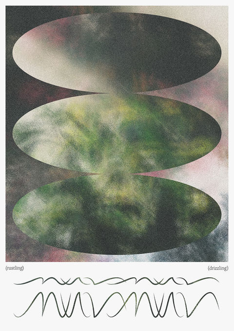 An abstract print featuring layered oval shapes in blurred green with wave-like experiment type below.