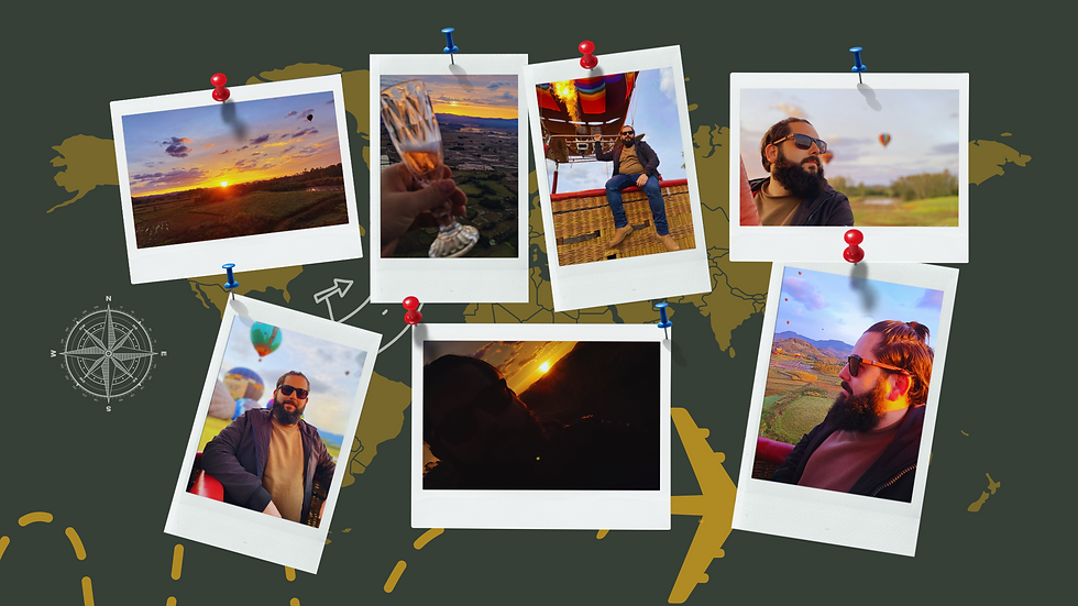 mural de fotos penduradas de um passeio de balão