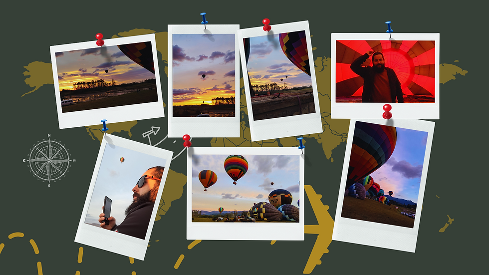 mural de fotos penduradas de um passeio de balão