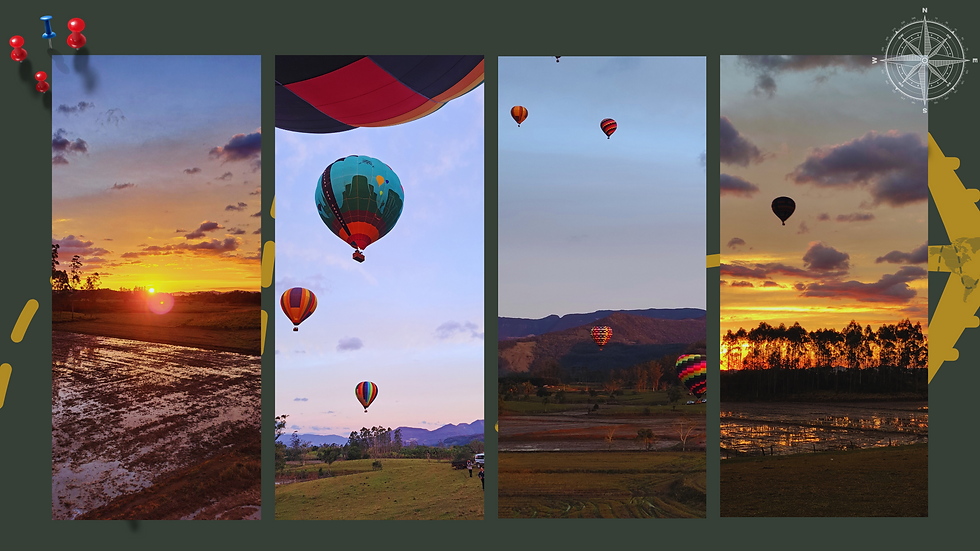 Mural de fotos com balões e nascer do sol no horizonte
