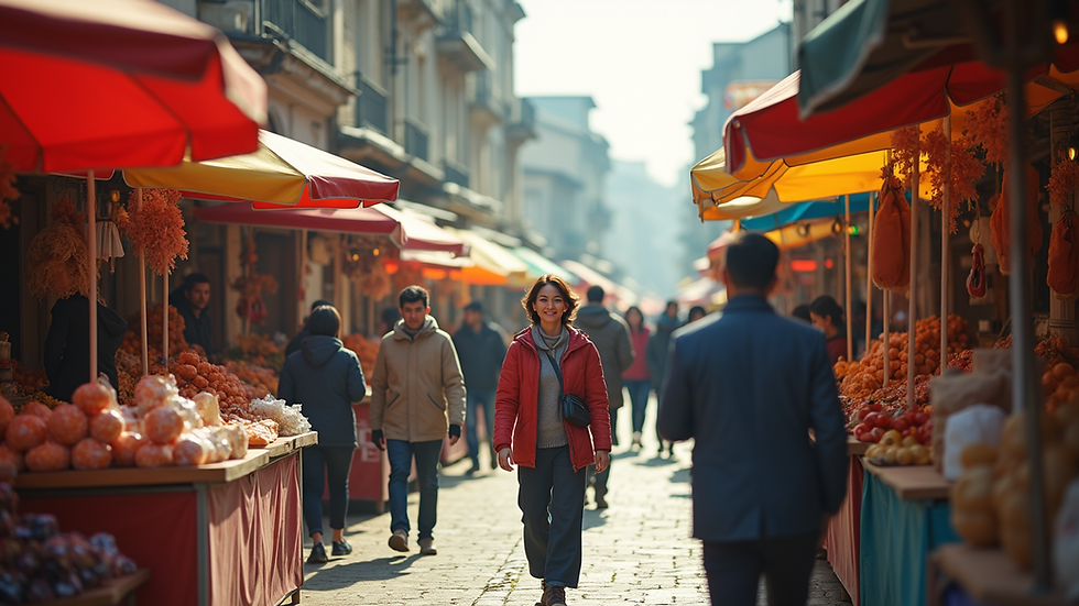 Eye-level view of a bustling street fair with colorful stalls and happy visitors