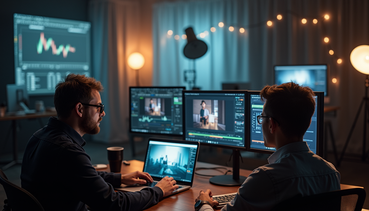 Plano medio de equipo de edición de video trabajando en postproducción
