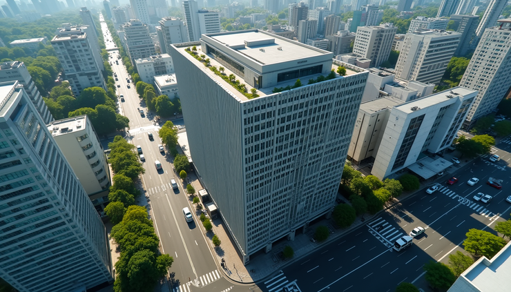 Vista aérea de un edificio de oficinas en Tokio con calles y vehículos alrededor