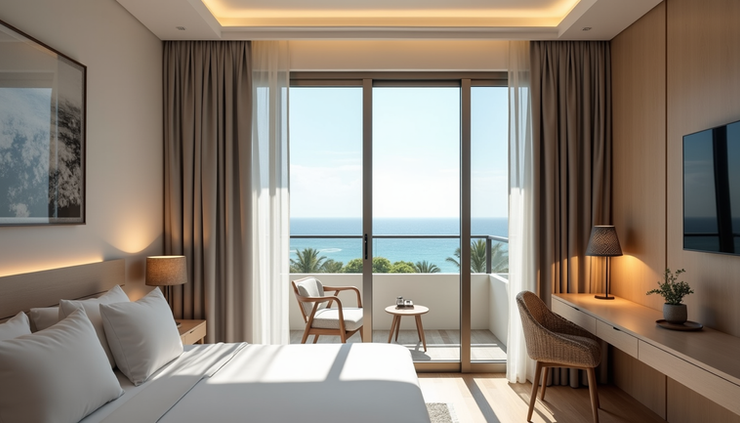 Eye-level view of a cozy hotel suite with modern decor and balcony