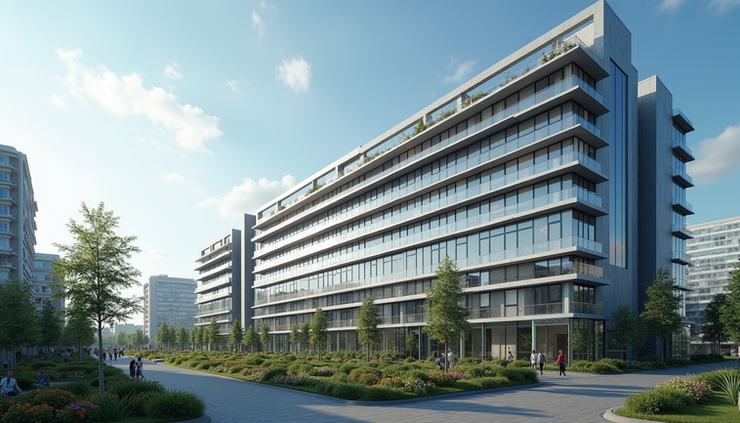 Vista panorámica de edificio de oficinas moderno con múltiples pisos