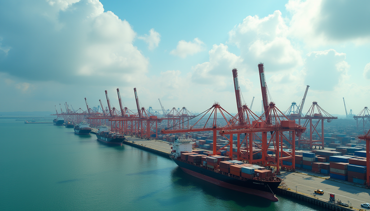 Vista panorámica de puerto comercial en Indonesia con contenedores y grúas