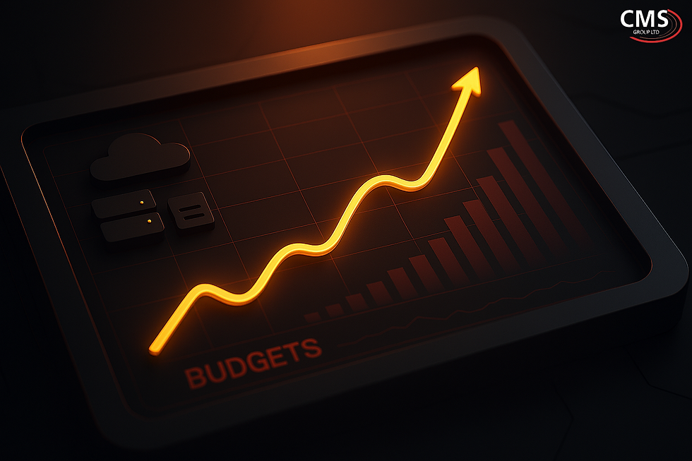 Glowing yellow arrow rising on a dark chart labeled "BUDGETS" with icons and bars. Moody, futuristic financial growth theme. Microsoft 365 price increase July 2026 UK.