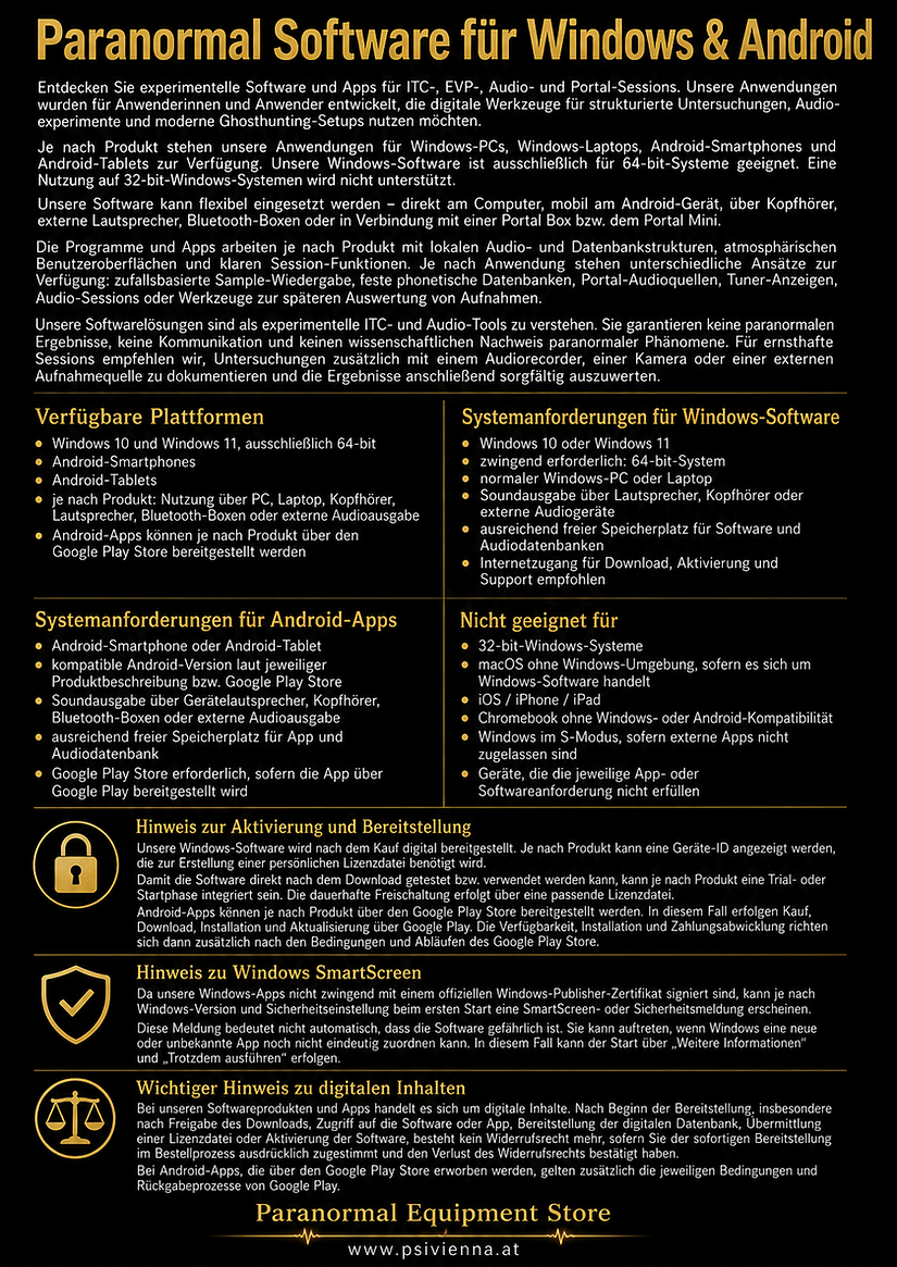 Infografik zur Paranormal Software für Windows und Android mit Plattformen, Systemanforderungen, 64-Bit-Hinweis, Aktivierung, SmartScreen und digitalen Inhalten.