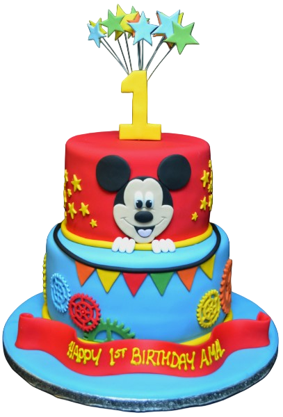 A fun and colourful Mickey Mouse themed cake decorated with gears and numbers, perfect for an 8th or 6th birthday celebration.