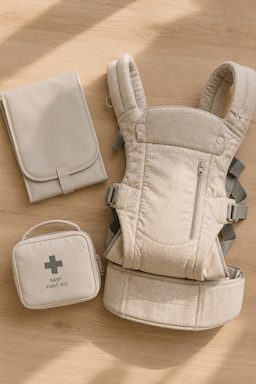 Overhead flat lay of baby carry-on essentials on a wood surface including a compact carrier, portable changing pad, and travel first aid kit — what to pack in your carry-on when flying with a baby