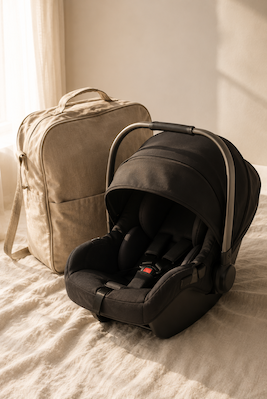 Lightweight travel car seat resting against its carry bag on a neutral linen surface — best travel car seat for flying with a baby