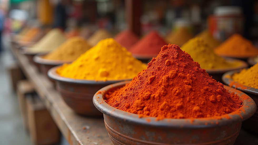 Close-up view of colorful spice powders in open containers at Nallasopara market