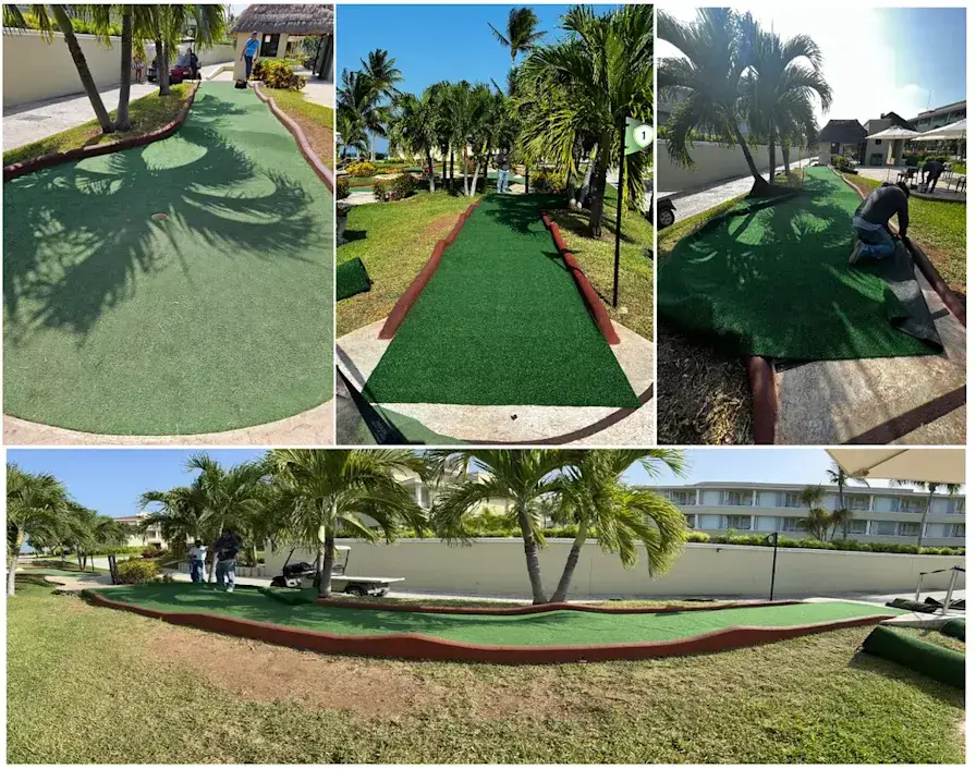 Pastos sintéticos en campo de mini golf Cancún.webp