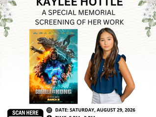 A memorial event flyer with a soft white floral background featuring the logos of Bay Area Asian Deaf Association (BAADA) and Ohlone College Deaf Center, highlighting their collaboration.  Large bold text reads: “Honoring Kaylee Hottle: A Special Memorial Screening of Her Work.”  Below the title is a Godzilla vs. Kong movie poster alongside a portrait of Kaylee Hottle, who is wearing a navy-blue sleeveless blouse and white pants.  Event details:  Date: Saturday, August 29, 2026  Time: 2:00 PM – 5:00 PM  Location: Gary Soren Smith Center, 43600 Mission Blvd., Fremont, CA 94539  Admission: Free  A QR code labeled “Scan Here” is included for registration, and the contact email is mailto:events@baadaca.com.  This memorial screening is presented by the Bay Area Asian Deaf Association (BAADA) in collaboration with the Ohlone College Deaf Center to honor Kaylee Hottle’s life, legacy, and contributions to the Deaf community through her work in film.