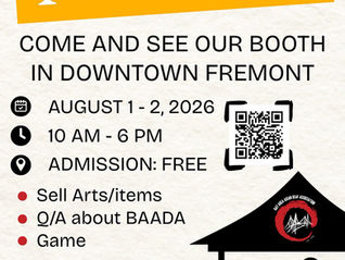 A promotional flyer for the 42nd Fremont Festival of the Arts. At the top, an orange banner with a white fork icon displays the title, “42nd Fremont Festival of the Arts.” Below, large black text reads, “Come and See Our Booth in Downtown Fremont.” Event details include: August 1–2, 2026, from 10:00 AM to 6:00 PM, with free admission. A QR code appears on the right side for more information. The flyer lists three activities: selling arts and crafts, a Q&A about the Bay Area Asian Deaf Association (BAADA), and games. In the lower right corner, an illustration of a black event tent displays the BAADA logo, with people standing underneath. Along the bottom of the flyer, silhouettes of a cheering crowd with raised hands create a festive atmosphere. The background is a light beige textured color.