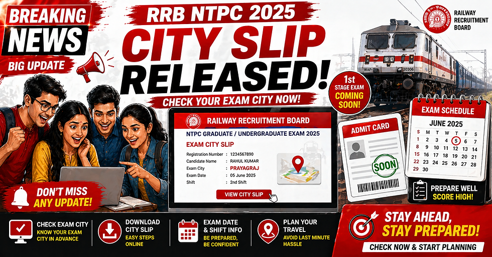 RRB NTPC Undergraduate Exam City Slip 2026 Out: Download Link,