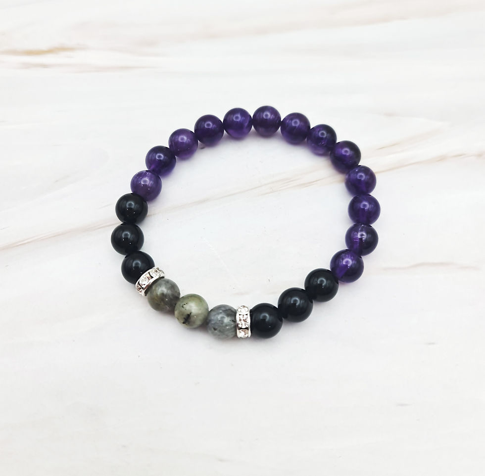 Thumbnail: Psychic protection crystal bead bracelet with amethyst, labradorite and black obsidian.