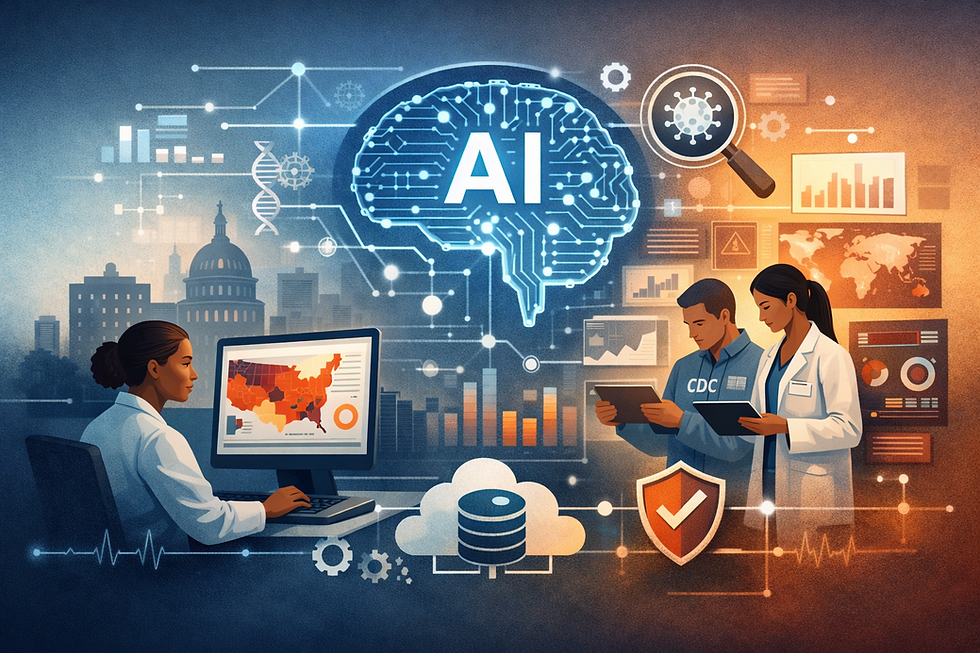 Illustration of artificial intelligence in public health, showing data analysis, disease tracking, and interconnected health systems.