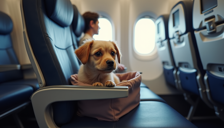 Eye-level view of a small dog comfortably resting inside a soft pet carrier on an airplane seat