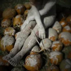 Painted human figure seated among round clay forms.