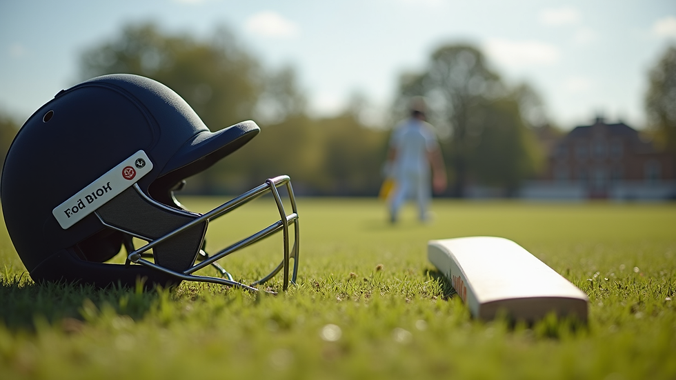 Close-up view of junior cricket helmet and pads on field