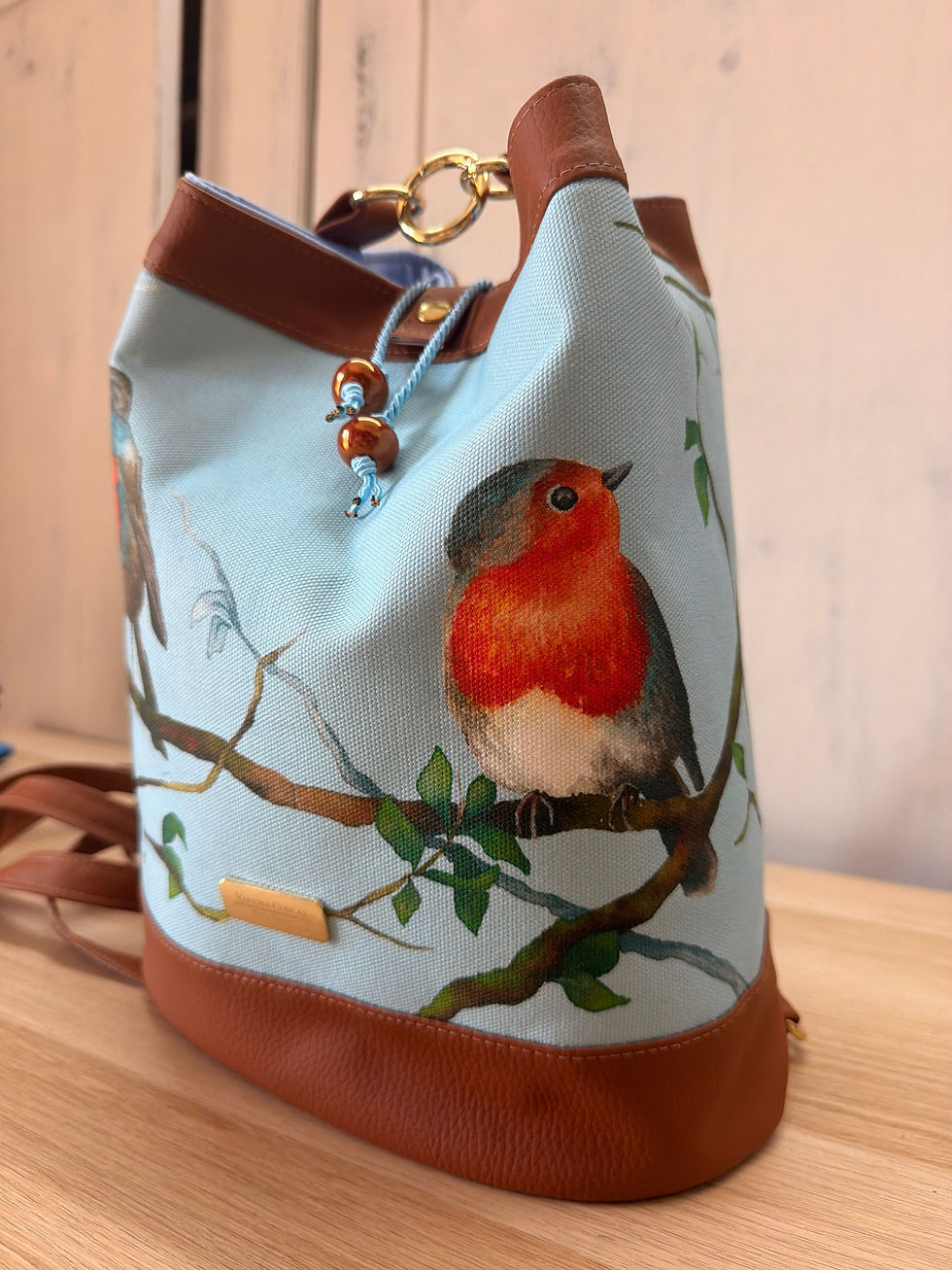 Miniatura: Zaino / borsa Chagall stampa pettirosso cotone ed ecopelle cuoio 